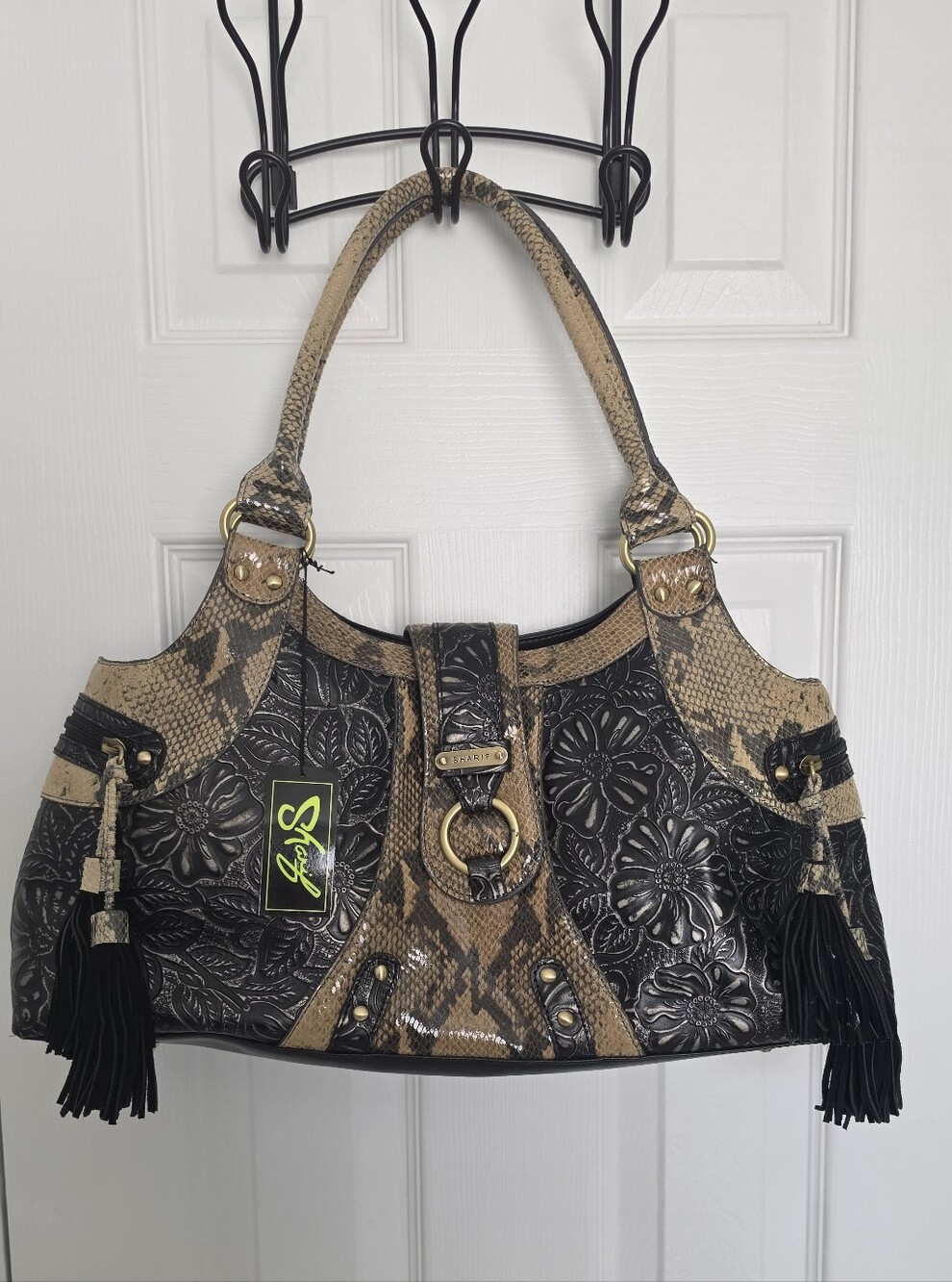Sharif Snake-Print Floral Embossed Shoulder Bag - Black & Tan